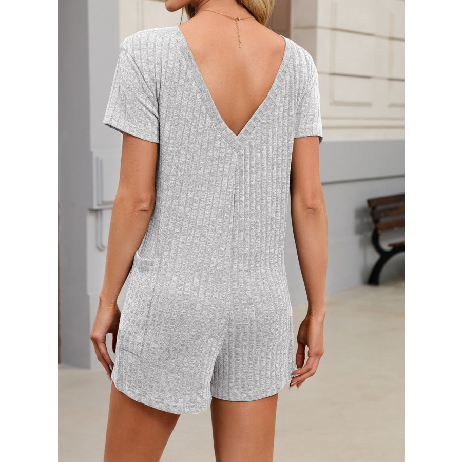 Casual Ribbed Knit V-Neck Romper Apparel and Accessories