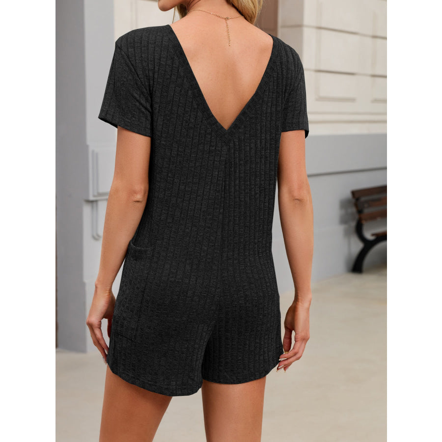 Casual Ribbed Knit V-Neck Romper Apparel and Accessories