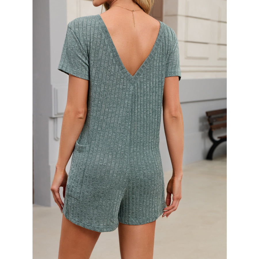 Casual Ribbed Knit V-Neck Romper Apparel and Accessories
