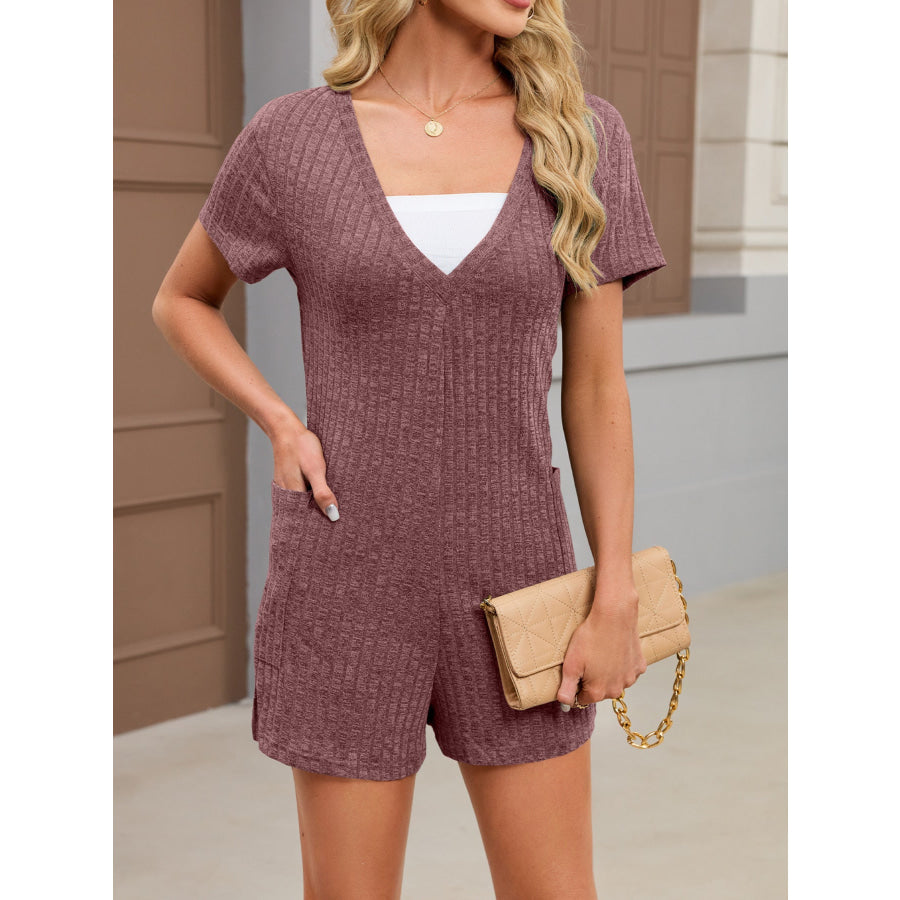Casual Ribbed Knit V-Neck Romper Purple Red / S Apparel and Accessories