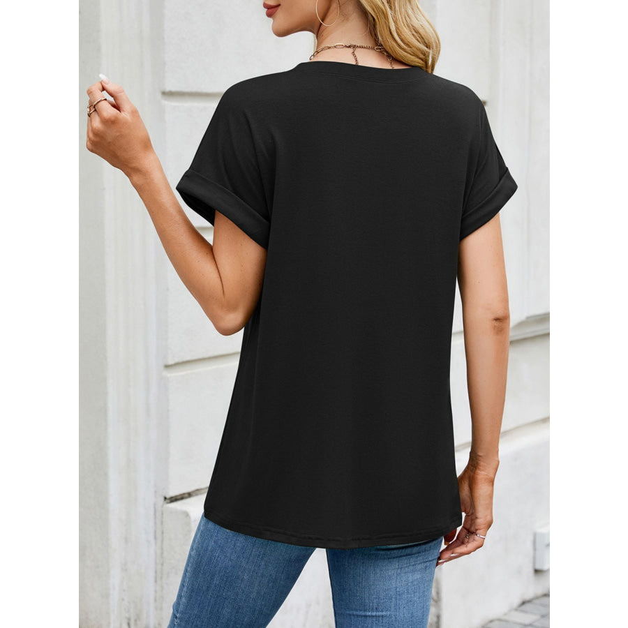 Casual Rolled Sleeve Solid Color T-Shirt Apparel and Accessories