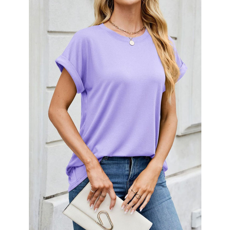 Casual Rolled Sleeve Solid Color T-Shirt Apparel and Accessories