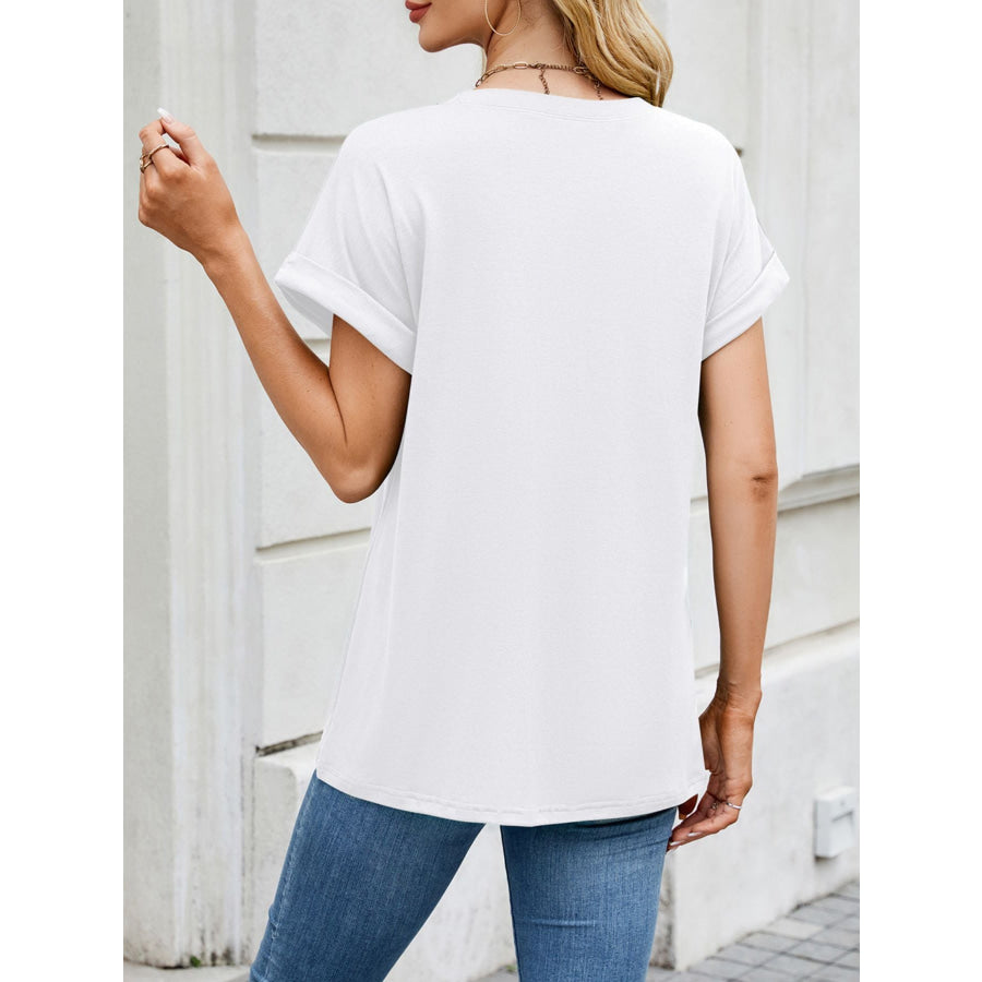 Casual Rolled Sleeve Solid Color T-Shirt Apparel and Accessories
