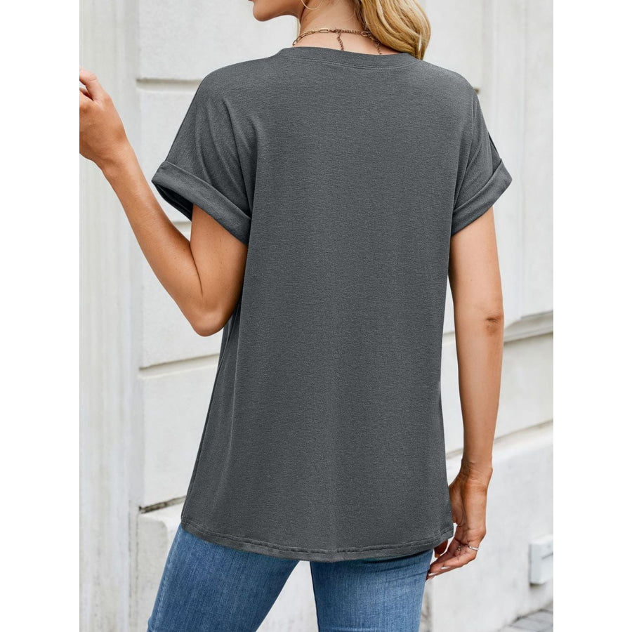 Casual Rolled Sleeve Solid Color T-Shirt Apparel and Accessories