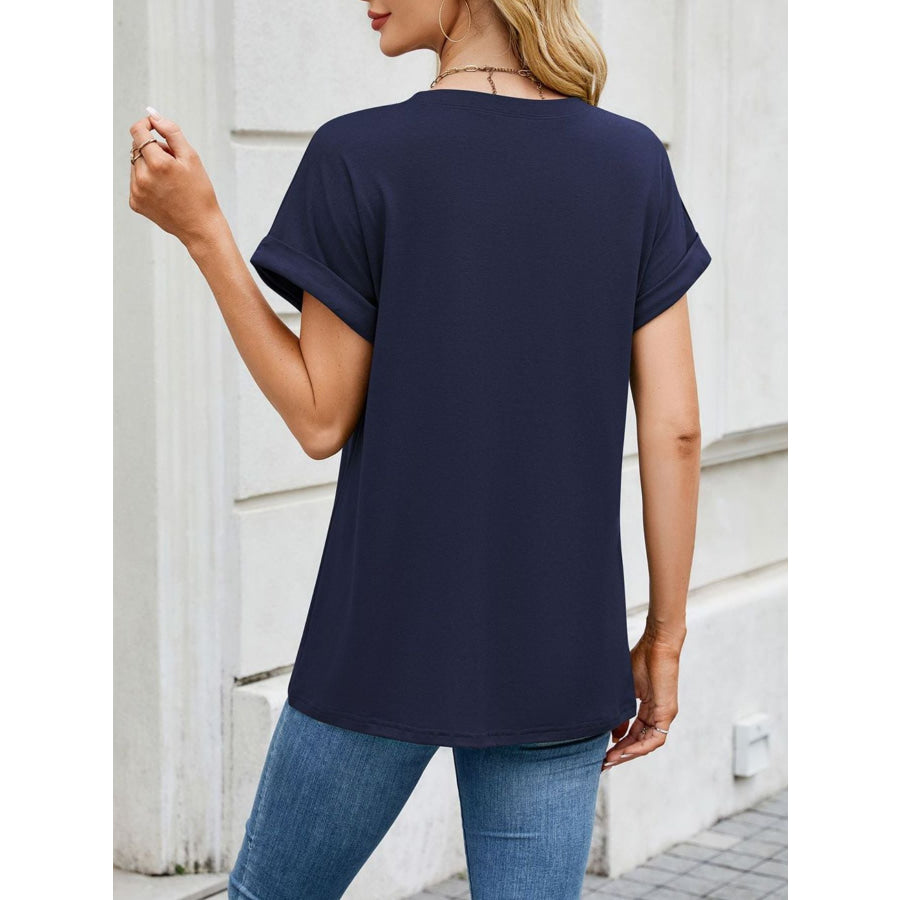 Casual Rolled Sleeve Solid Color T-Shirt Apparel and Accessories