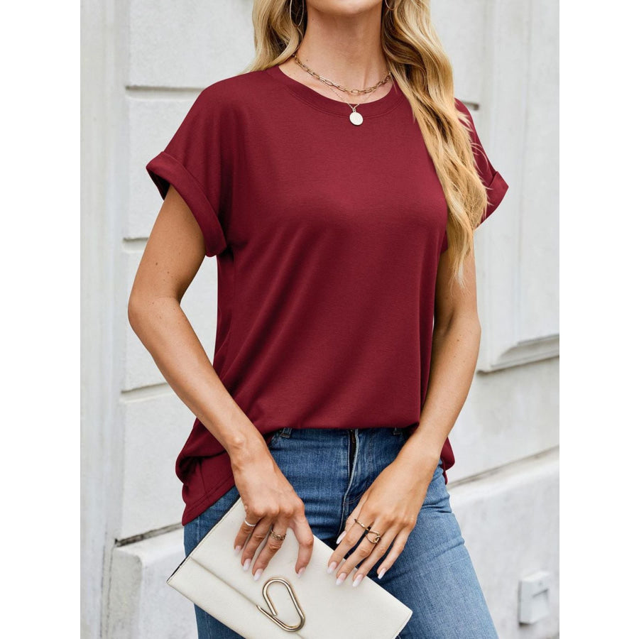 Casual Rolled Sleeve Solid Color T-Shirt Apparel and Accessories