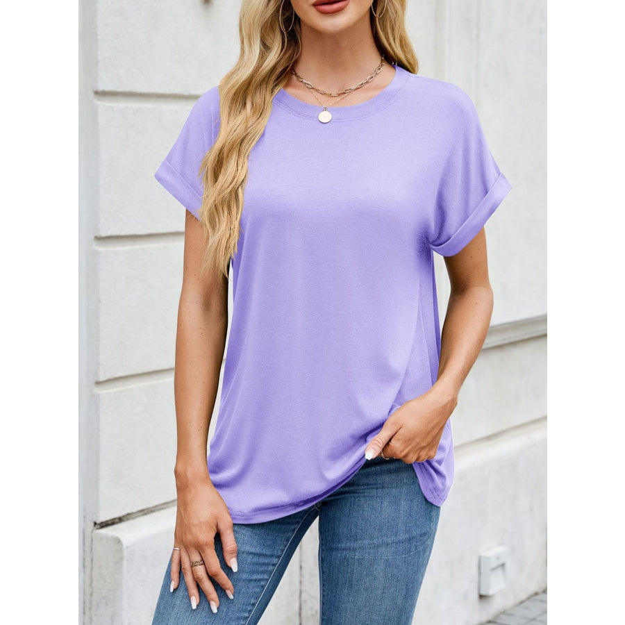 Casual Rolled Sleeve Solid Color T-Shirt Apparel and Accessories