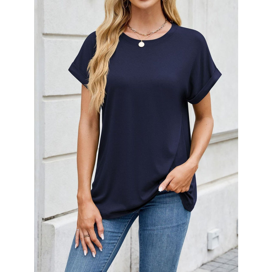 Casual Rolled Sleeve Solid Color T-Shirt Apparel and Accessories