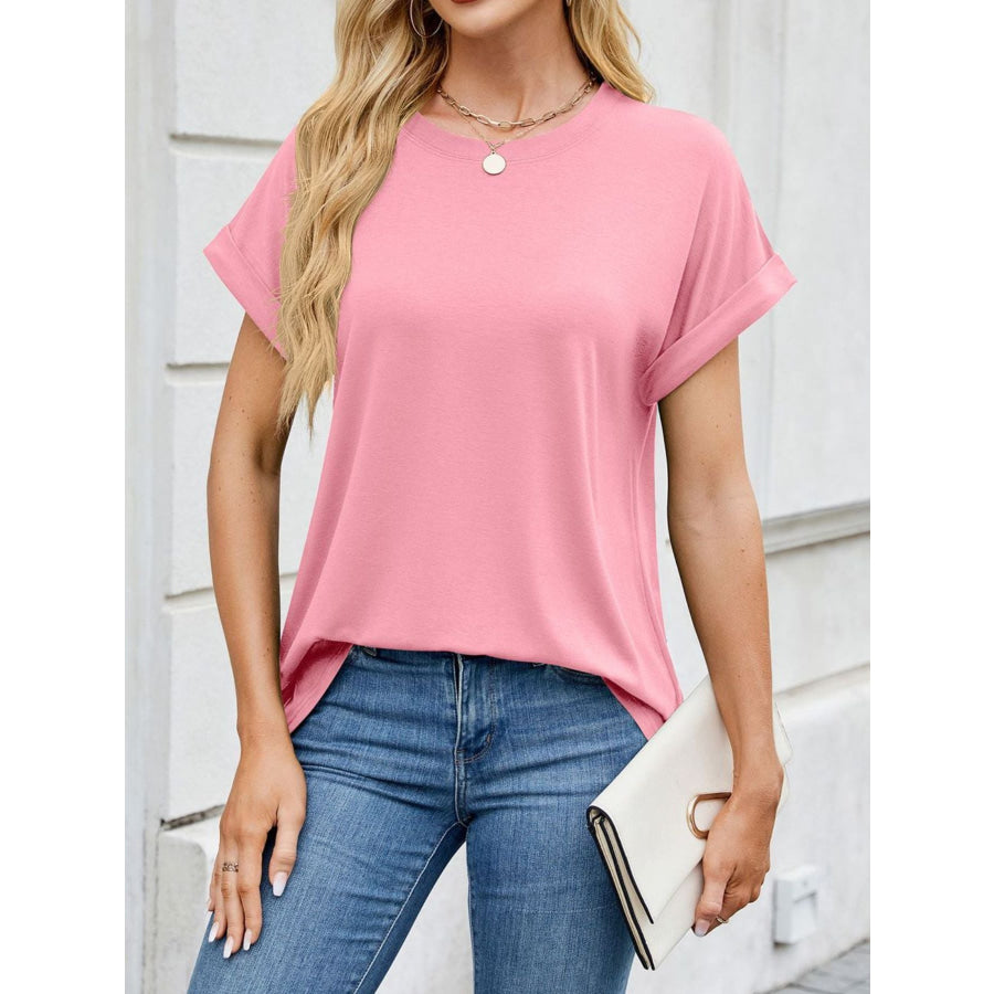 Casual Rolled Sleeve Solid Color T-Shirt Apparel and Accessories