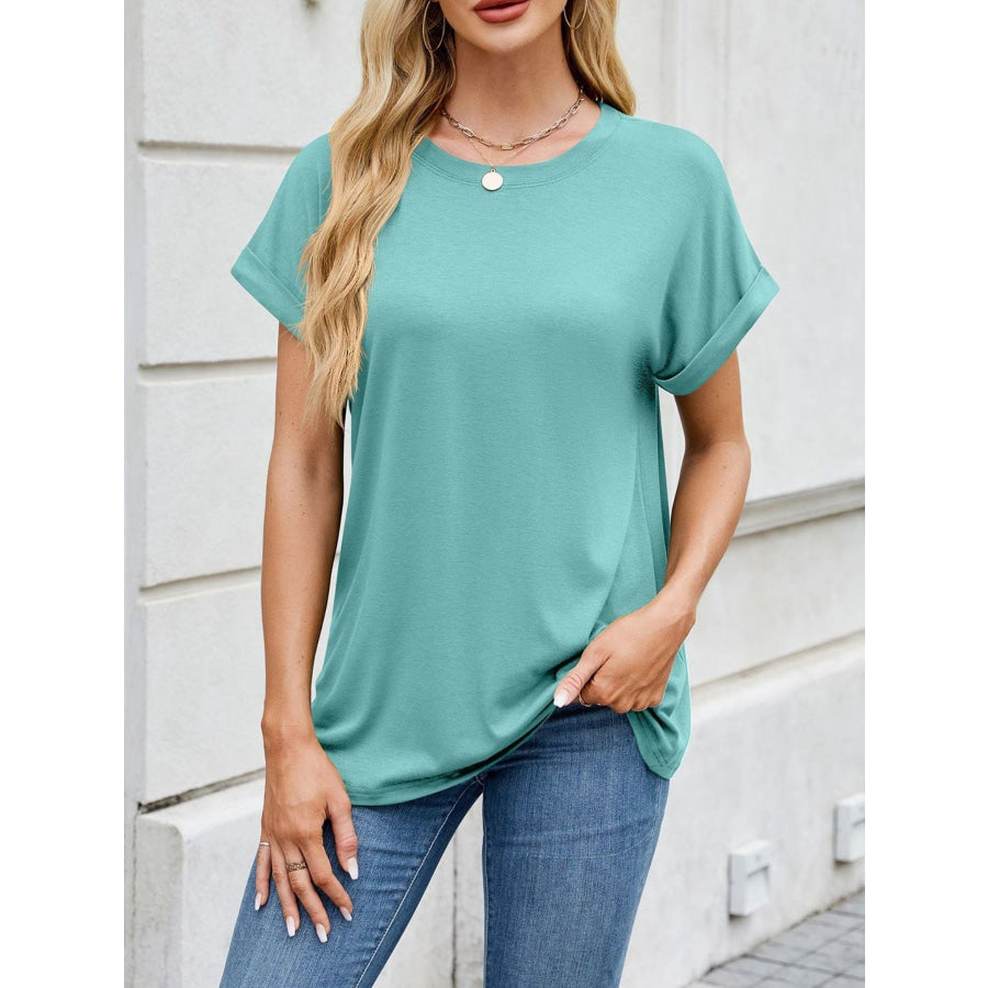Casual Rolled Sleeve Solid Color T-Shirt Apparel and Accessories