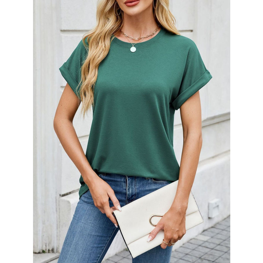 Casual Rolled Sleeve Solid Color T-Shirt Apparel and Accessories
