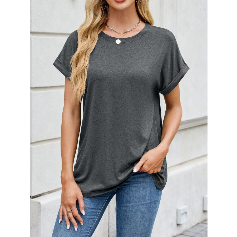 Casual Rolled Sleeve Solid Color T-Shirt Apparel and Accessories