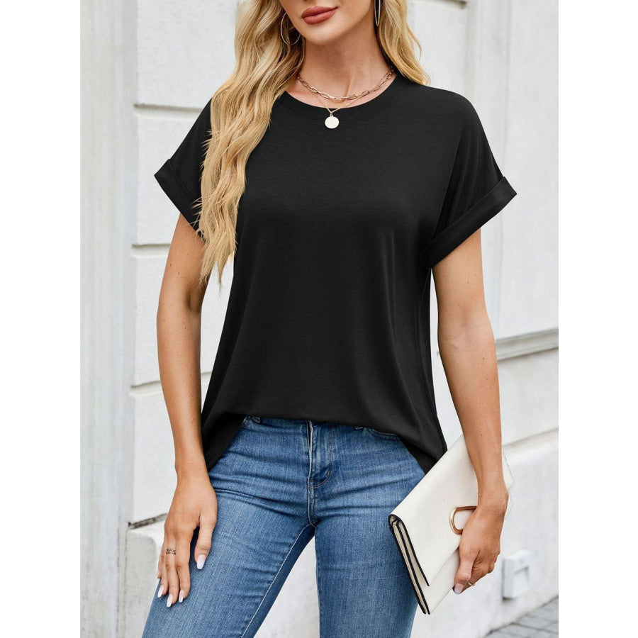 Casual Rolled Sleeve Solid Color T-Shirt Apparel and Accessories