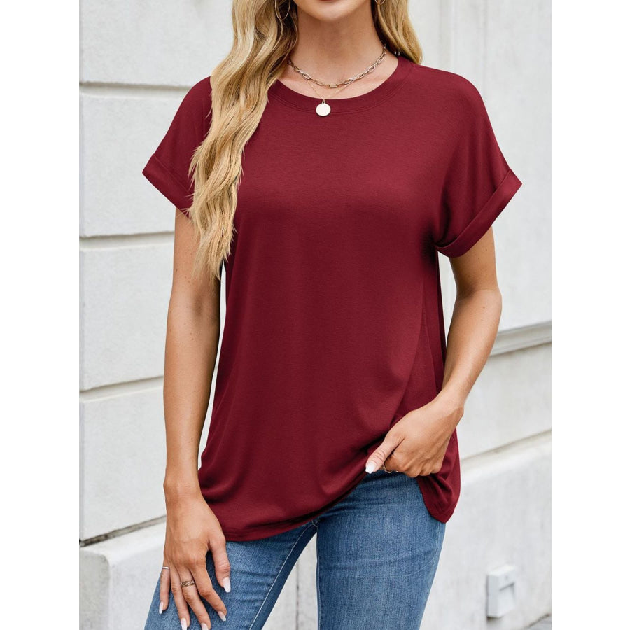 Casual Rolled Sleeve Solid Color T-Shirt Apparel and Accessories