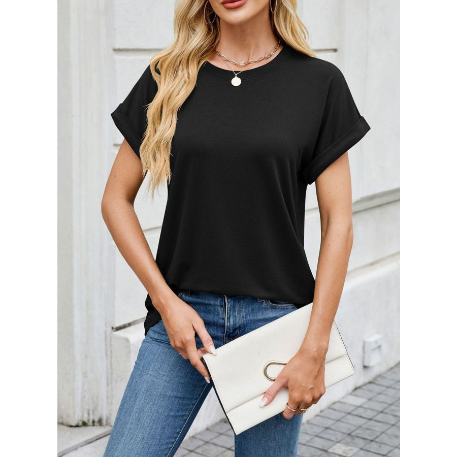 Casual Rolled Sleeve Solid Color T-Shirt Black / S Apparel and Accessories