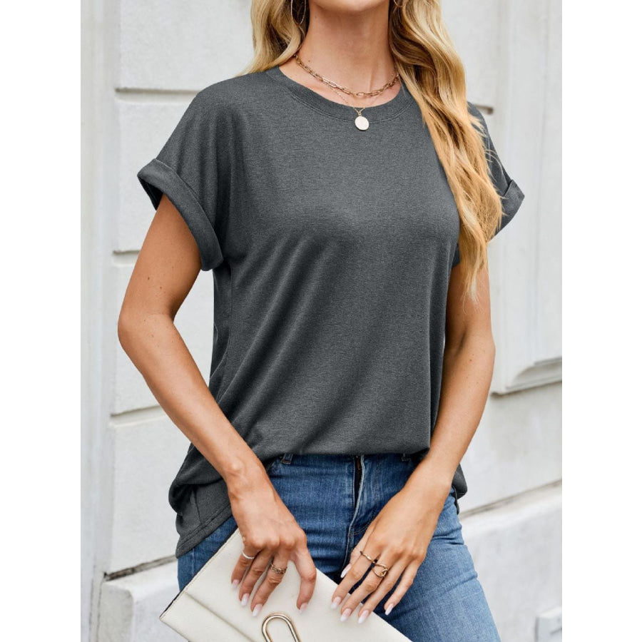 Casual Rolled Sleeve Solid Color T-Shirt Gray / S Apparel and Accessories