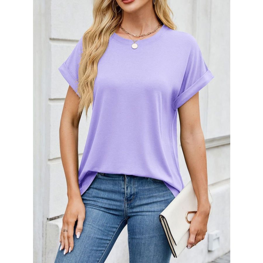 Casual Rolled Sleeve Solid Color T-Shirt Lavender / S Apparel and Accessories