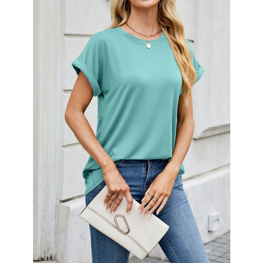 Casual Rolled Sleeve Solid Color T-Shirt Turquoise / S Apparel and Accessories