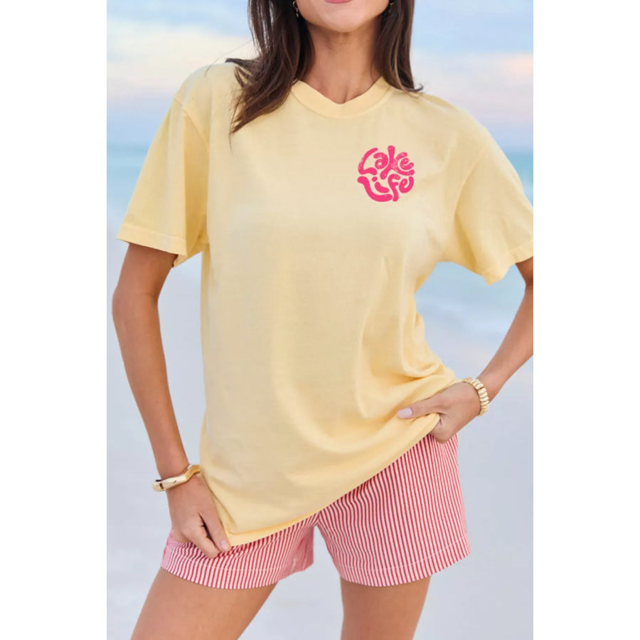 Casual Round Neck Short Sleeve Slogan Print Loose Fit T-shirt Pastel Yellow / S Apparel and Accessories