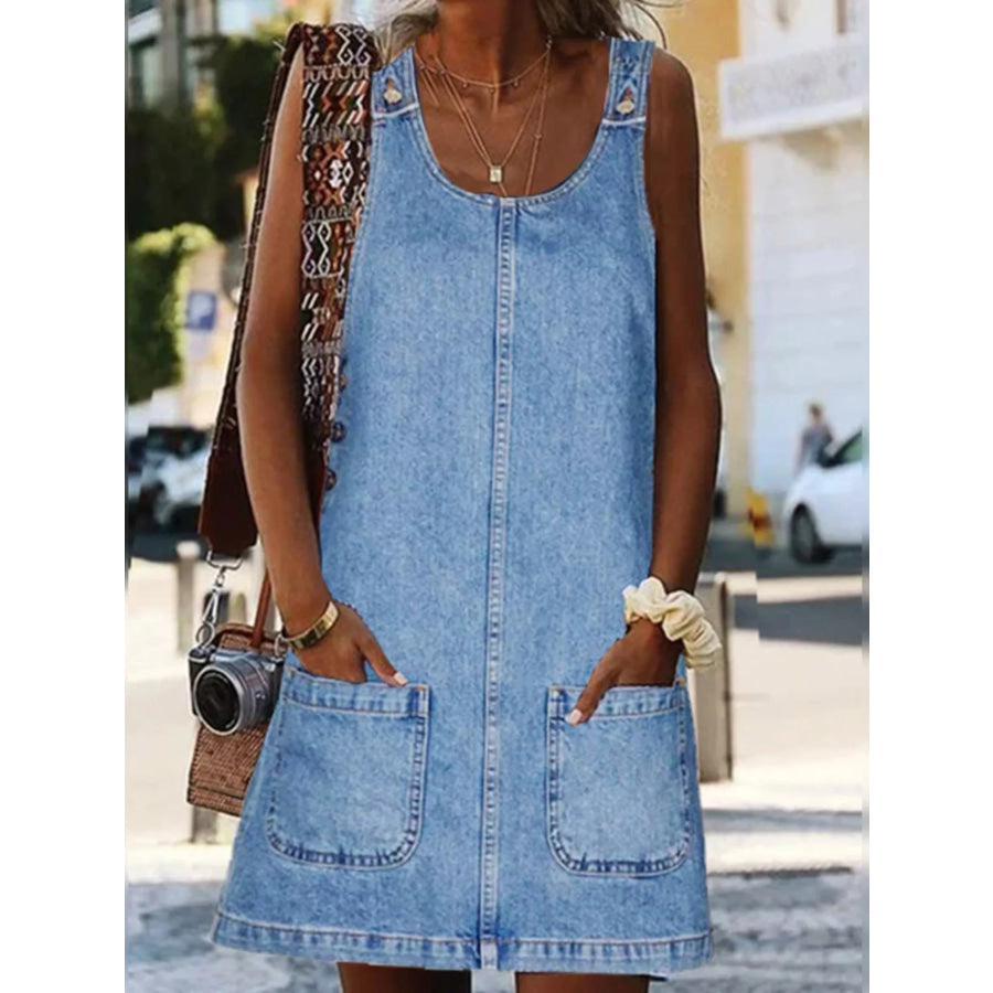 Casual Scoop Neck Sleeveless Denim Dress Light Blue / S Apparel and Accessories