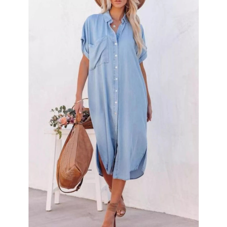 Casual Shirt Dress with Side Slits Light Blue / S Apparel and Accessories