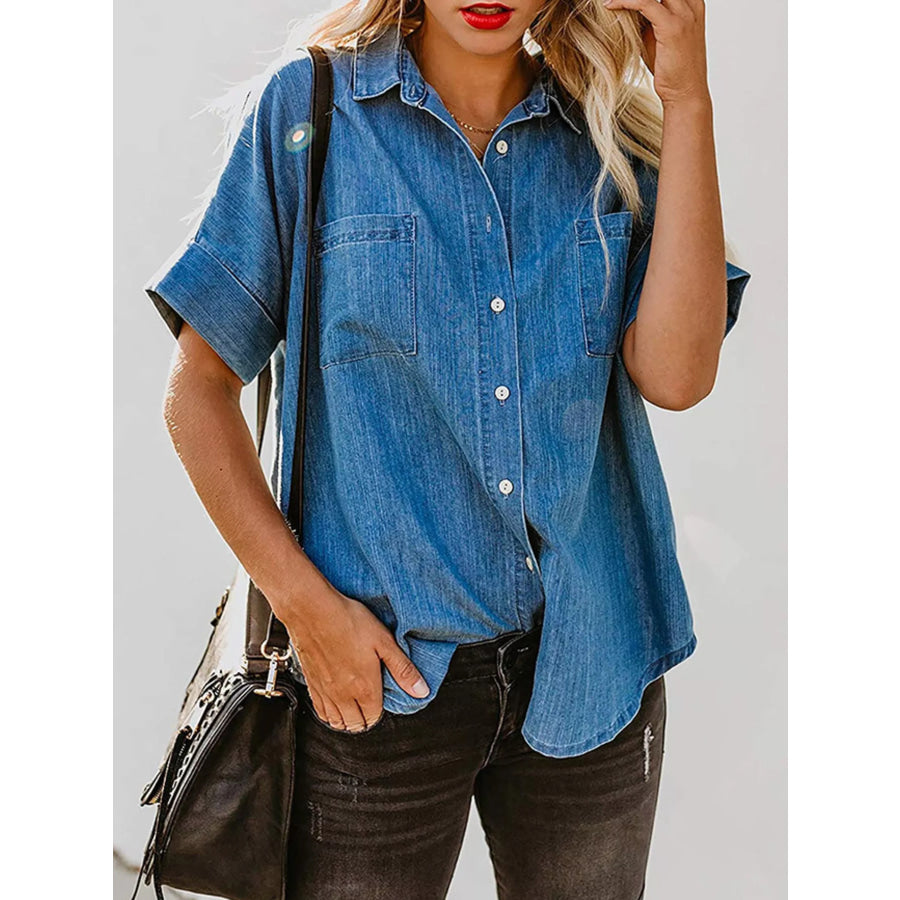 Casual Short Sleeve Denim Shirt Dark Blue / S Apparel and Accessories