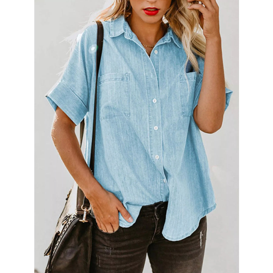 Casual Short Sleeve Denim Shirt Light Blue / S Apparel and Accessories