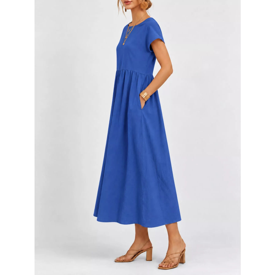 Casual Short Sleeve Midi Dress with Pockets Color Blue / S Apparel and Accessories
