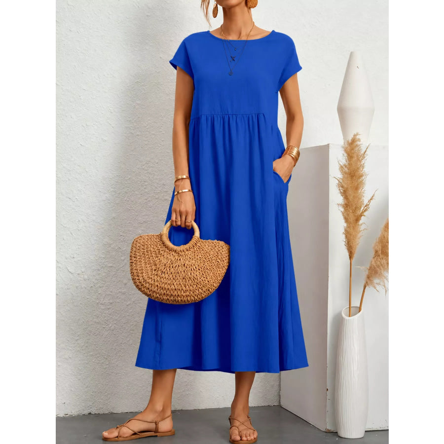 Casual Short Sleeve Midi Dress with Pockets Color Blue / S Apparel and Accessories