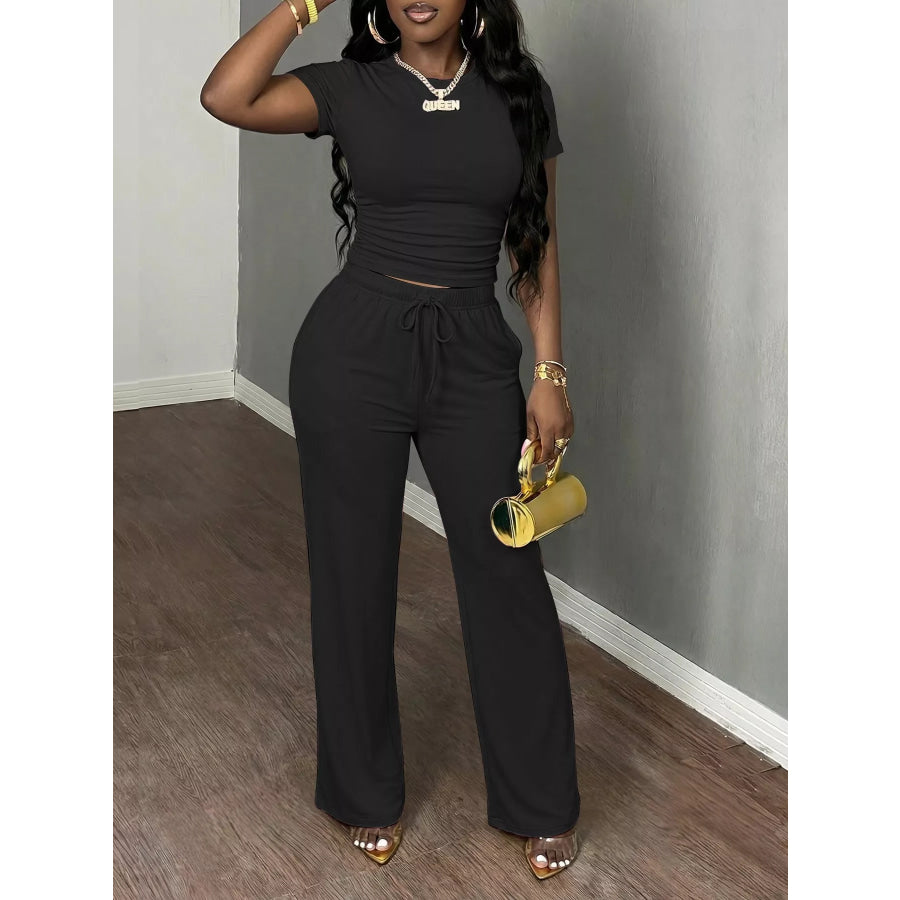 Casual Short Sleeve Top and Wide Leg Pants Set Black / XS Apparel Accessories