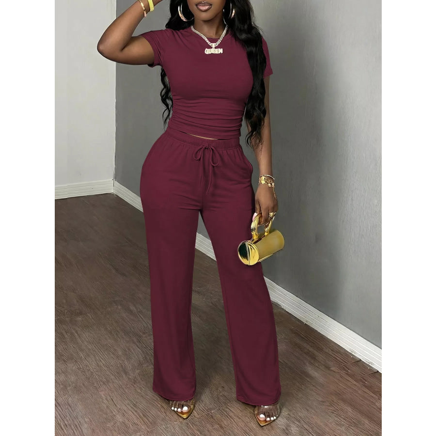 Casual Short Sleeve Top and Wide Leg Pants Set Burgundy / XS Apparel Accessories