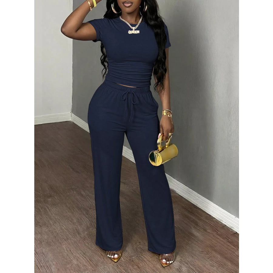 Casual Short Sleeve Top and Wide Leg Pants Set Dark Blue / XS Apparel Accessories