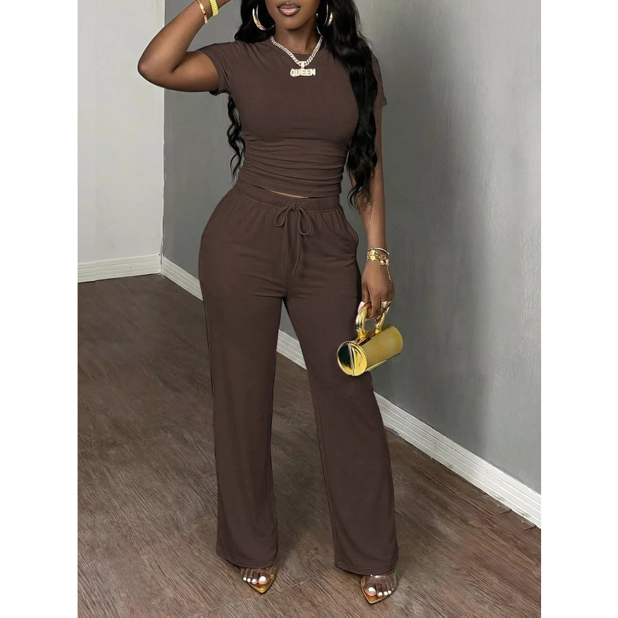 Casual Short Sleeve Top and Wide Leg Pants Set Dark Brown / XS Apparel Accessories