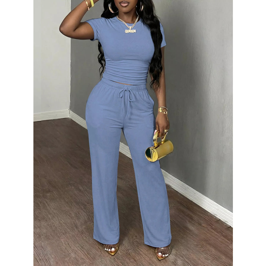 Casual Short Sleeve Top and Wide Leg Pants Set Light Blue / XS Apparel Accessories