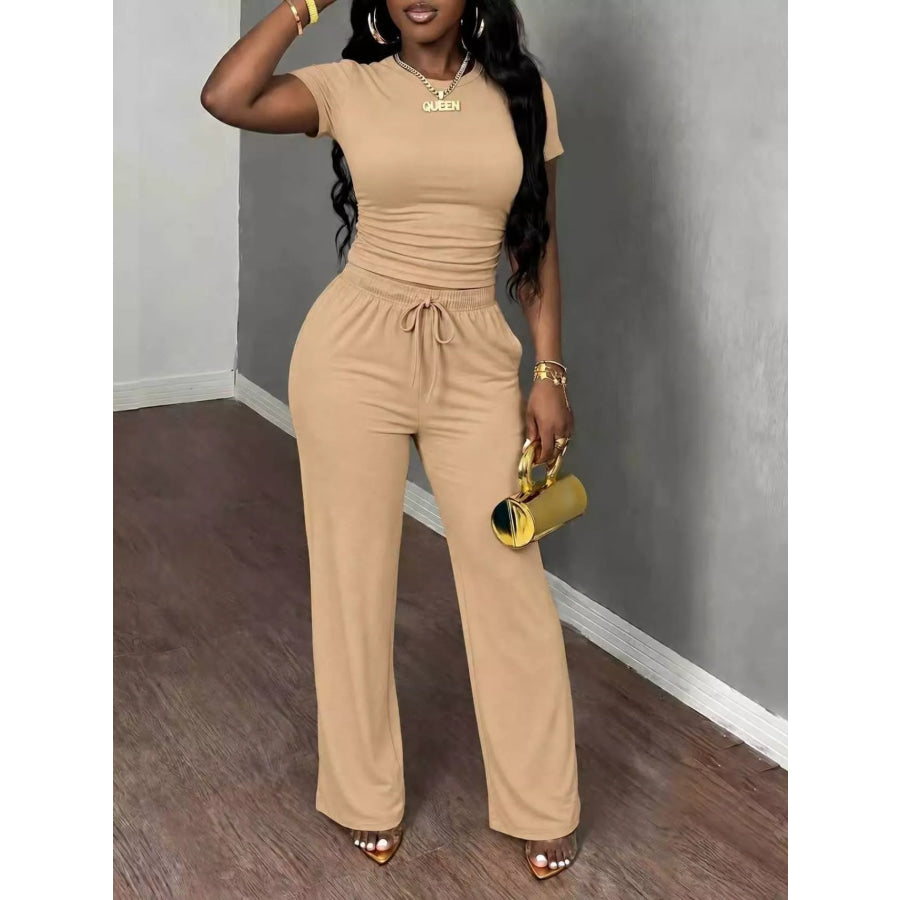Casual Short Sleeve Top and Wide Leg Pants Set Light Brown / XS Apparel Accessories