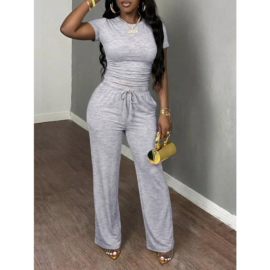 Casual Short Sleeve Top and Wide Leg Pants Set Light Gray / XS Apparel Accessories