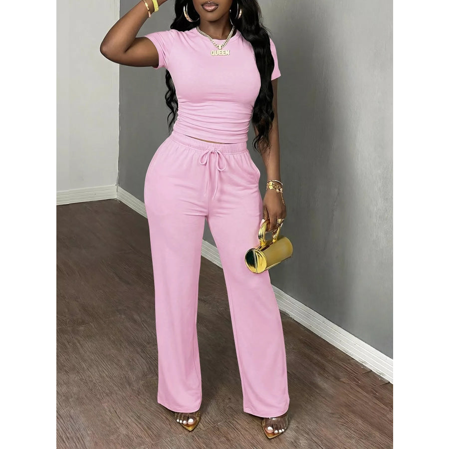 Casual Short Sleeve Top and Wide Leg Pants Set Pink / XS Apparel Accessories