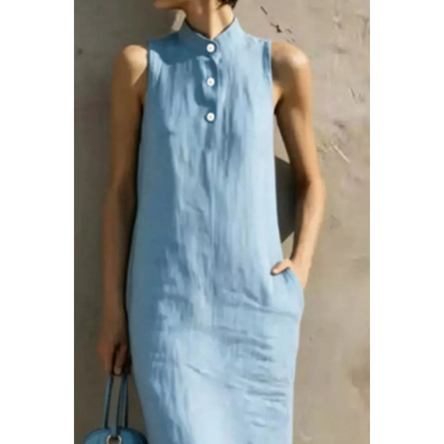 Casual Sleeveless Button Detail Midi Dress Light Blue / S Apparel and Accessories
