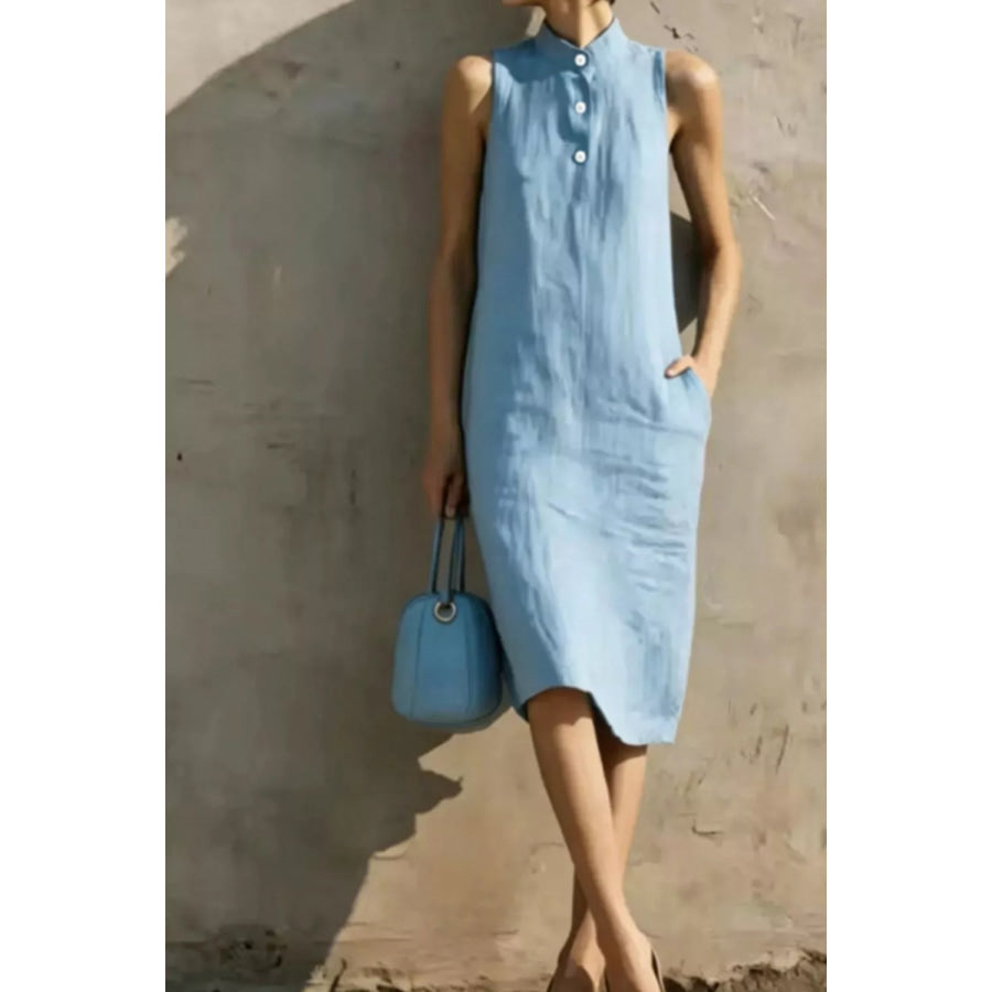 Casual Sleeveless Button Detail Midi Dress Light Blue / S Apparel and Accessories