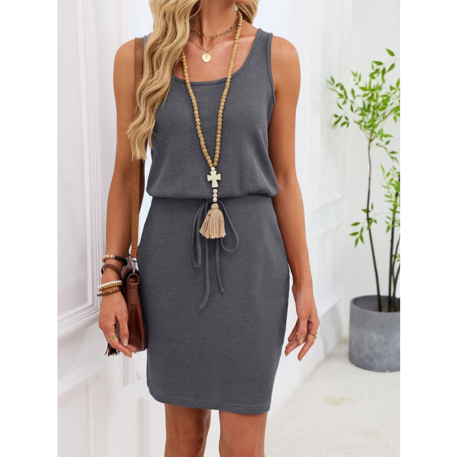 Casual Sleeveless Drawstring Waist Knit Dress Gray / S Apparel and Accessories