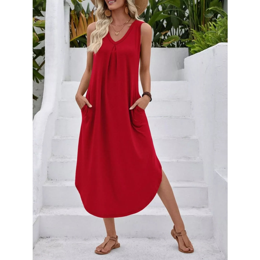 Casual Sleeveless V-Neck Pocket Midi Dress Apparel and Accessories