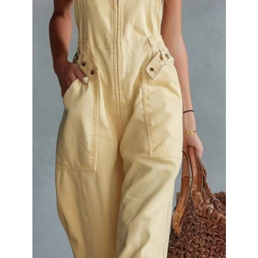 Casual Sleeveless Zip Front Jumpsuit with Pockets Apparel and Accessories