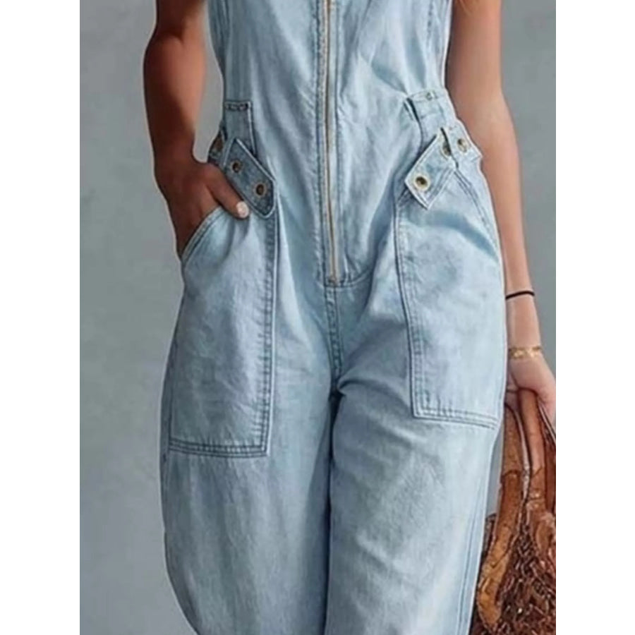 Casual Sleeveless Zip Front Jumpsuit with Pockets Apparel and Accessories