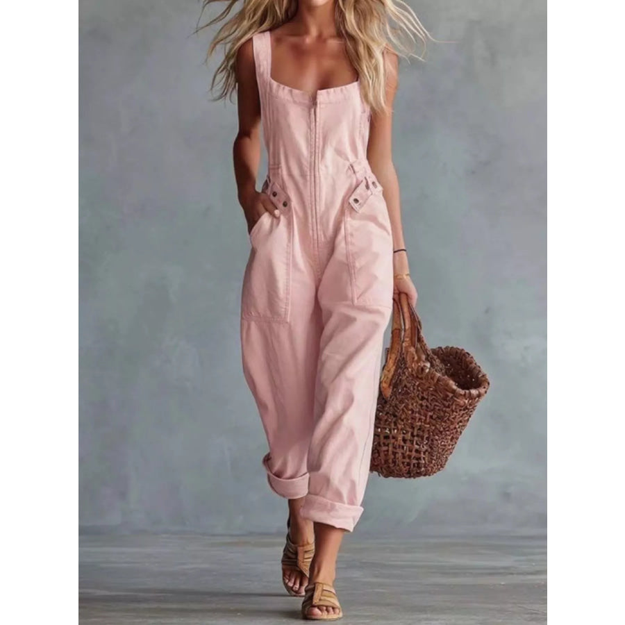 Casual Sleeveless Zip Front Jumpsuit with Pockets Pink / S Apparel and Accessories