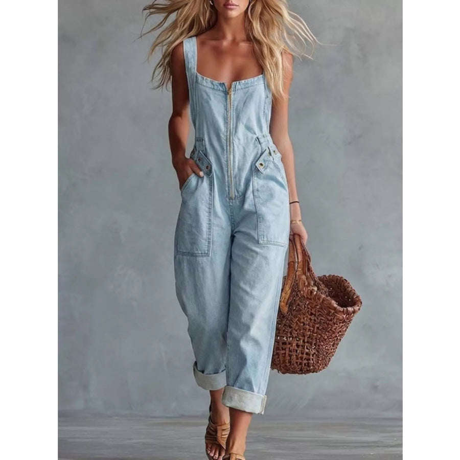 Casual Sleeveless Zip Front Jumpsuit with Pockets Sky Blue / S Apparel and Accessories