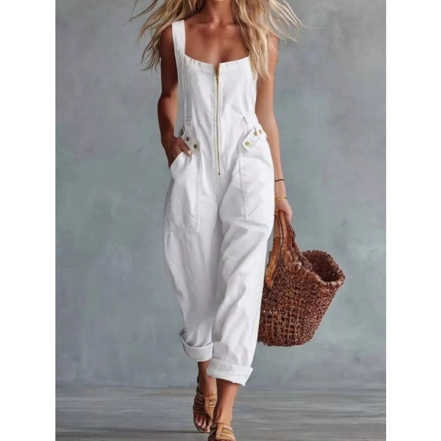 Casual Sleeveless Zip Front Jumpsuit with Pockets White / S Apparel and Accessories
