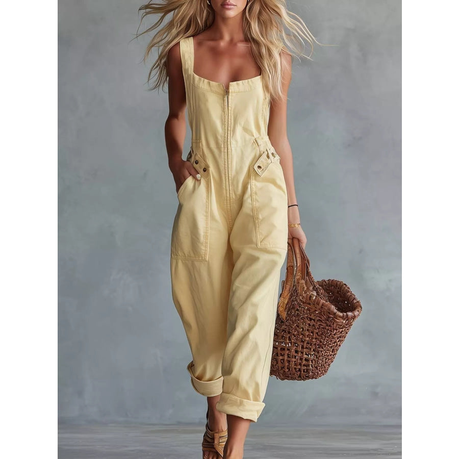 Casual Sleeveless Zip Front Jumpsuit with Pockets Yellow / S Apparel and Accessories