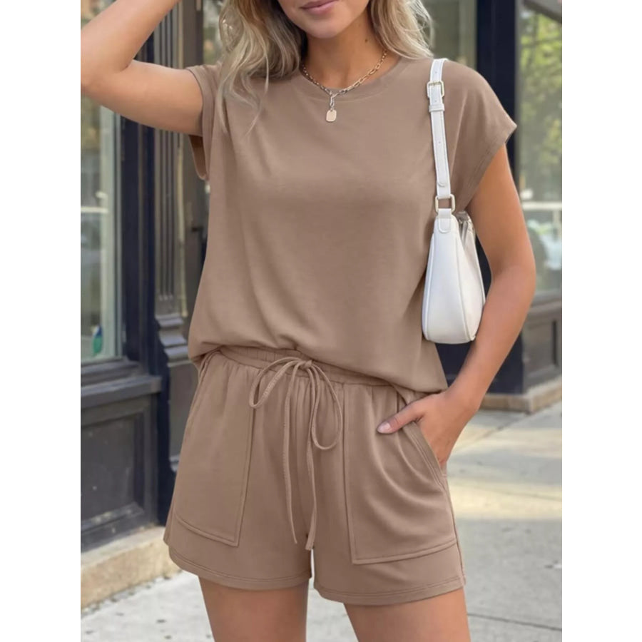 Casual Solid Color T-Shirt and Shorts Set Khaki / S Apparel and Accessories