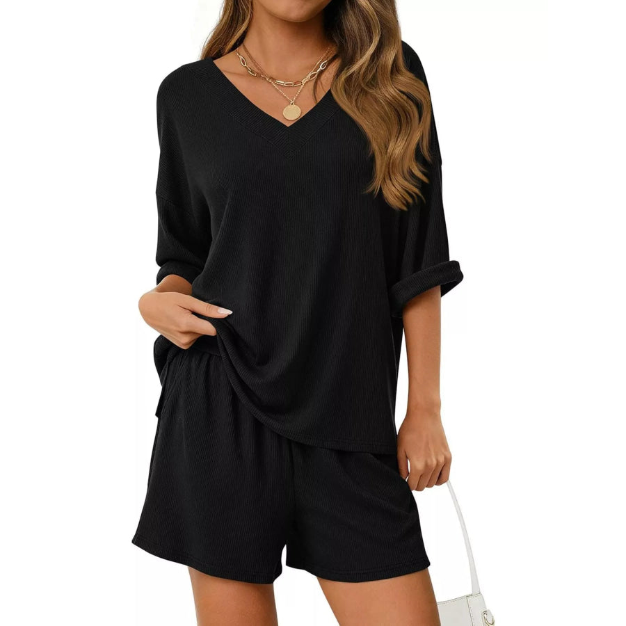 Casual Solid Color V-Neck Top & Shorts Set Apparel and Accessories