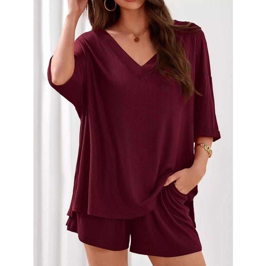 Casual Solid Color V-Neck Top & Shorts Set Burgundy / S Apparel and Accessories